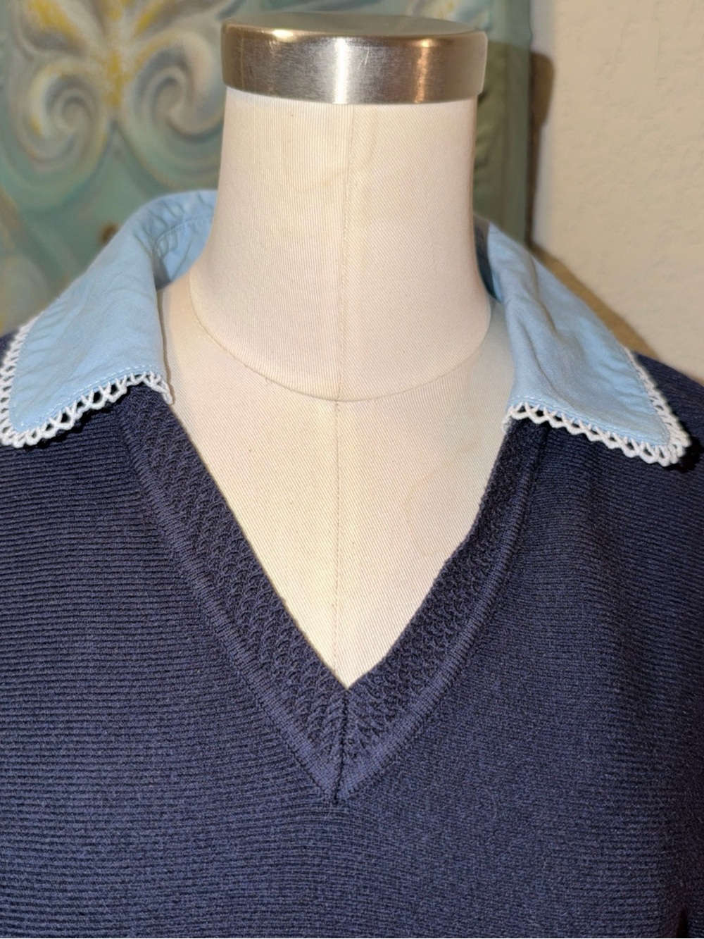 La Vila Milano Womens M Navy Knit Polo Top Blue Contrast Collar Preppy - Picture 3 of 10